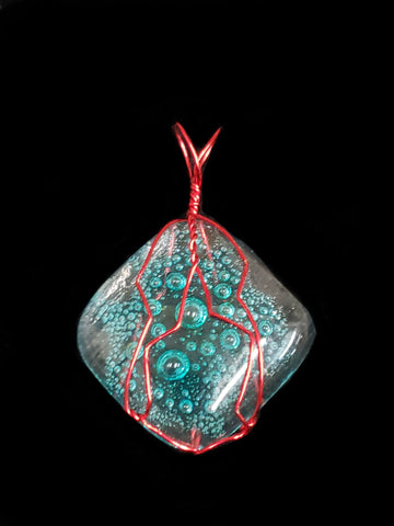 Red Wire Wrapped Bubble Glass Pendant (Water Protector series)